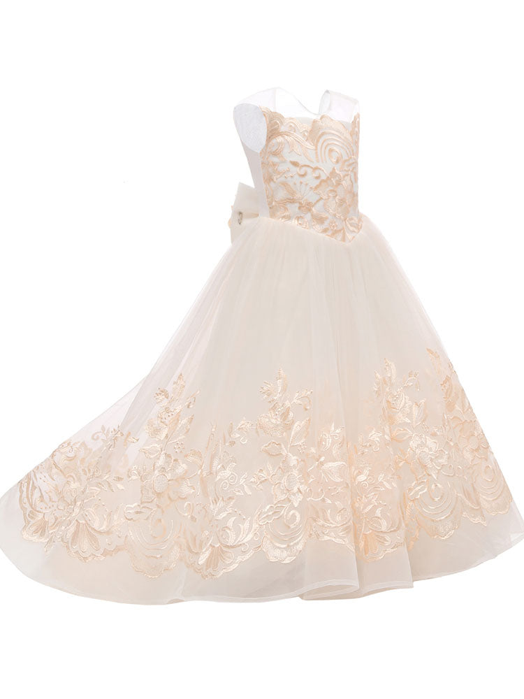 Jewel Neck Sleeveless Bows Kids Social flower girl dress-showprettydress