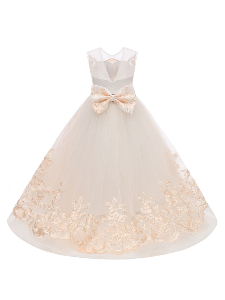 Jewel Neck Sleeveless Bows Kids Social flower girl dress-showprettydress