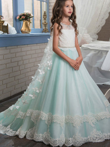 Jewel Neck Sleeveless Butterfly Detachable Wrap Formal Kids Pageant flower girl dresses-showprettydress