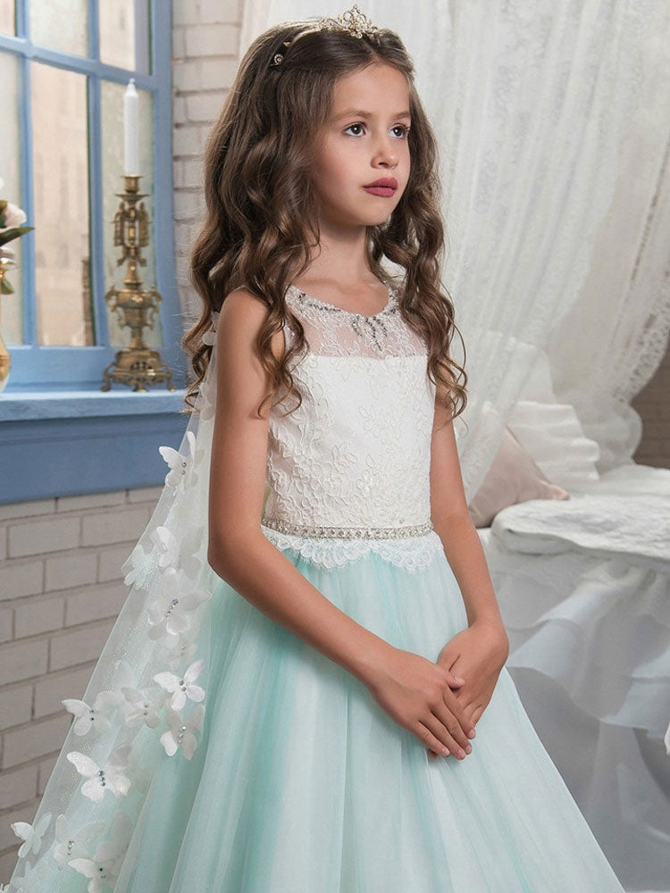 Jewel Neck Sleeveless Butterfly Detachable Wrap Formal Kids Pageant flower girl dresses-showprettydress