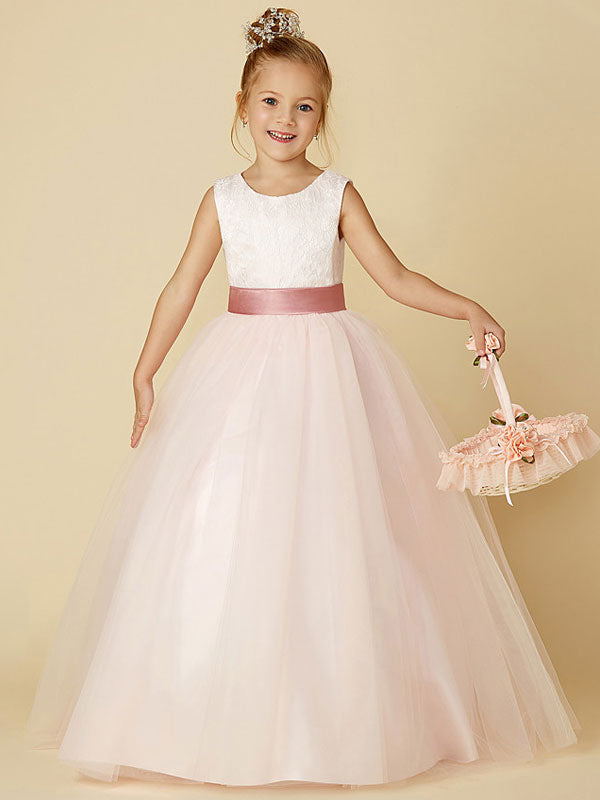 Jewel Neck Sleeveless Buttons Formal Ivory Kids Tulle Pageant Dresses-showprettydress