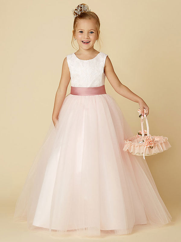 Jewel Neck Sleeveless Buttons Formal Ivory Kids Tulle Pageant Dresses-showprettydress