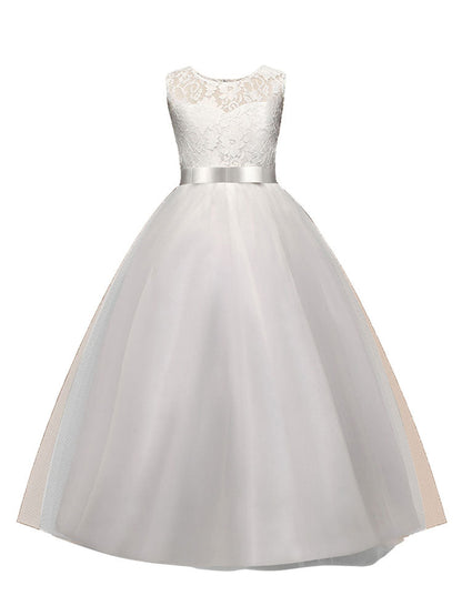 Jewel Neck Sleeveless Floor Length Bows Formal flower girl dress-showprettydress