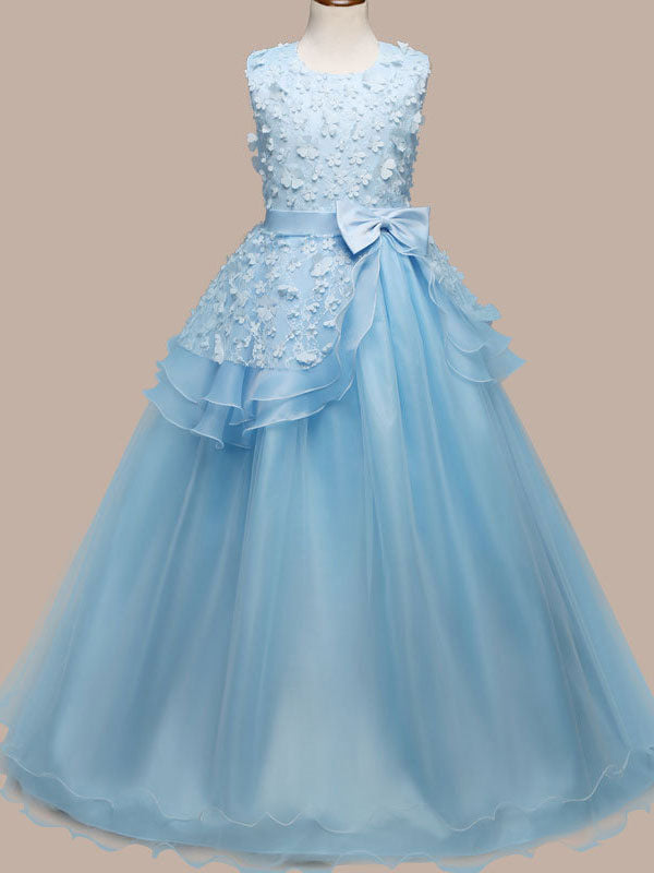 Jewel Neck Sleeveless Floor Length Bows Kids Pageant Party Dresses-showprettydress