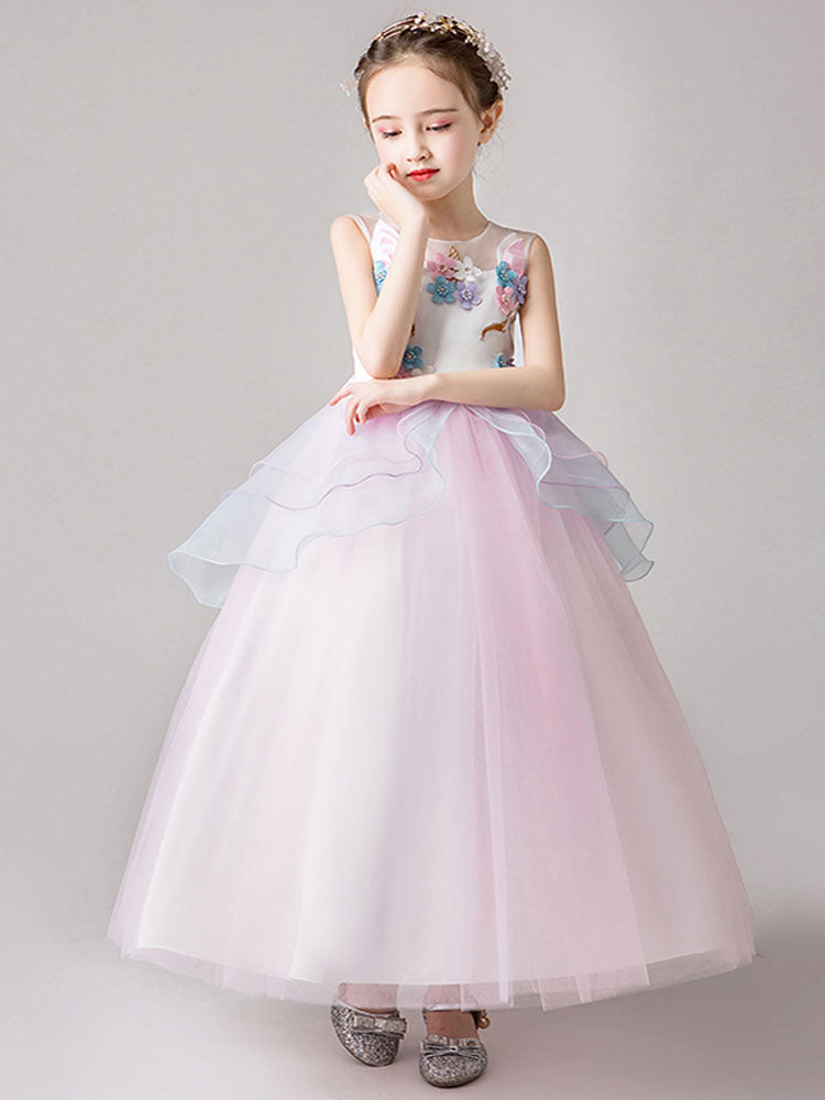 Jewel Neck Sleeveless Flowers Kids Party Dresses-showprettydress