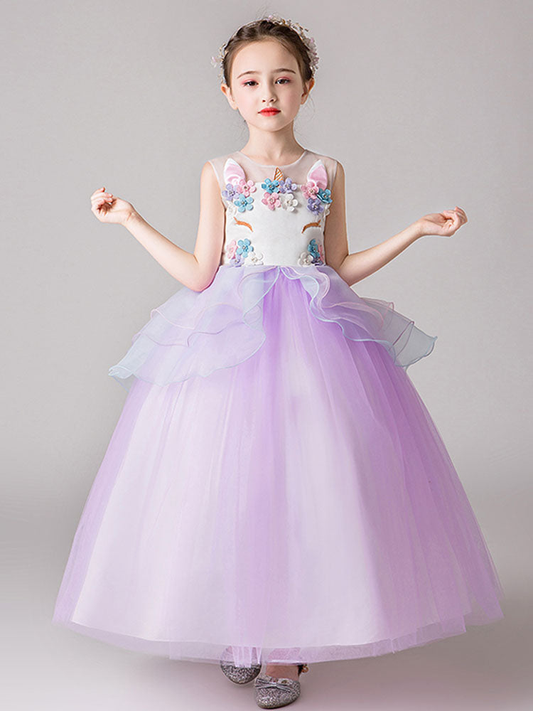 Jewel Neck Sleeveless Flowers Kids Party Dresses-showprettydress