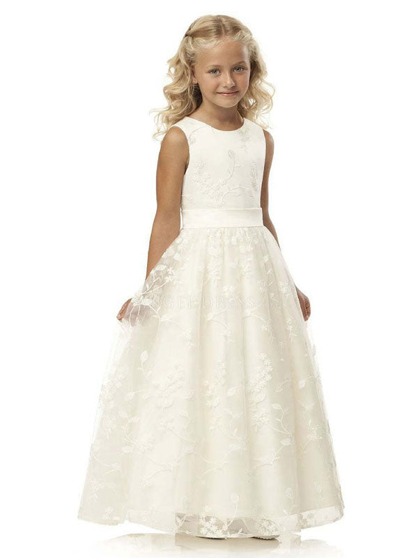 Jewel Neck Sleeveless Sash Formal Kids Pageant flower girl dresses-showprettydress