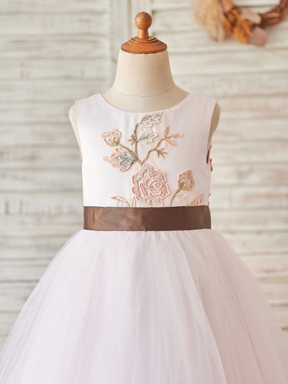 Jewel Neck Sleeveless Sash Pink Kids Social Party Dresses-showprettydress