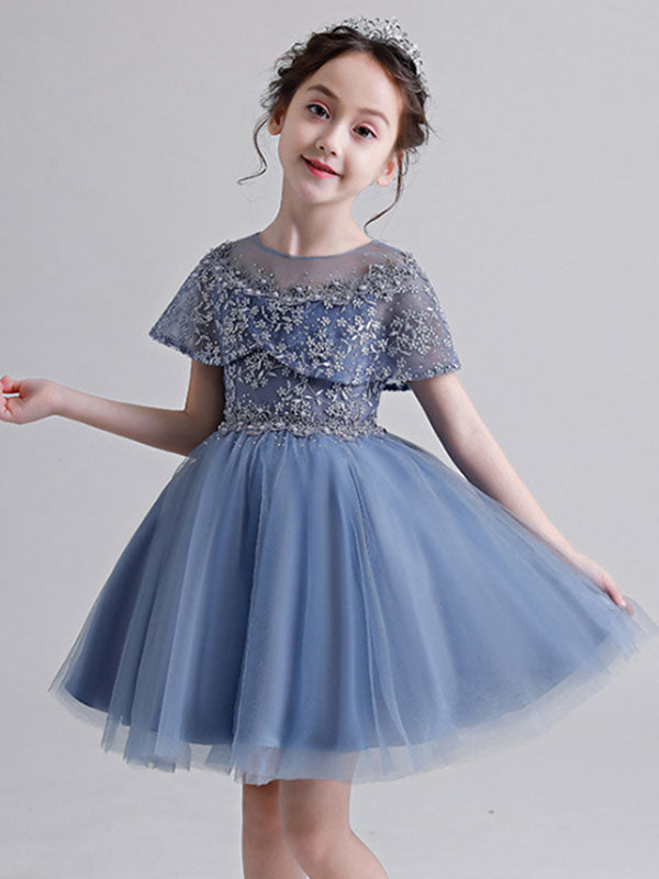 Jewel Neck Sleeveless Short Embroidered Kids Party Dresses With Wrap-showprettydress