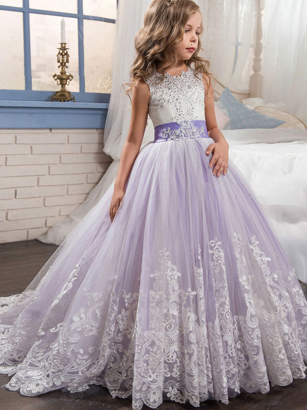 Jewel Neck Sleeveless Studded Formal flower girl dress-showprettydress