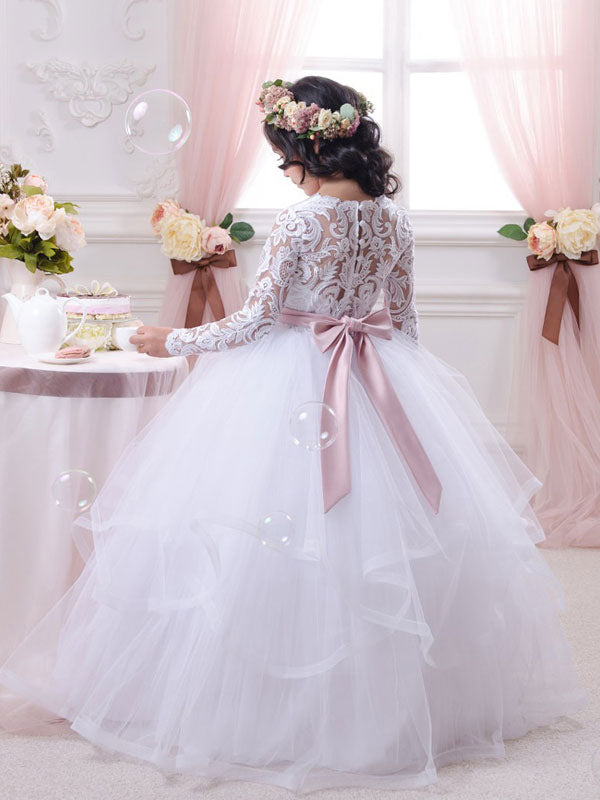 Jewel Neck Tulle Long Sleeves Floor-Length Ball Gown Bows Kids Pageant flower girl dresses-showprettydress