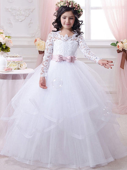 Jewel Neck Tulle Long Sleeves Floor-Length Ball Gown Bows Kids Pageant flower girl dresses-showprettydress