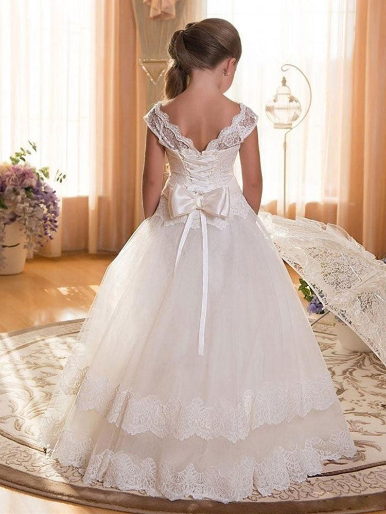 Jewel Neck Tulle Short Sleeves Floor Length Princess Bows Kids Formal Pageant Dresses-showprettydress