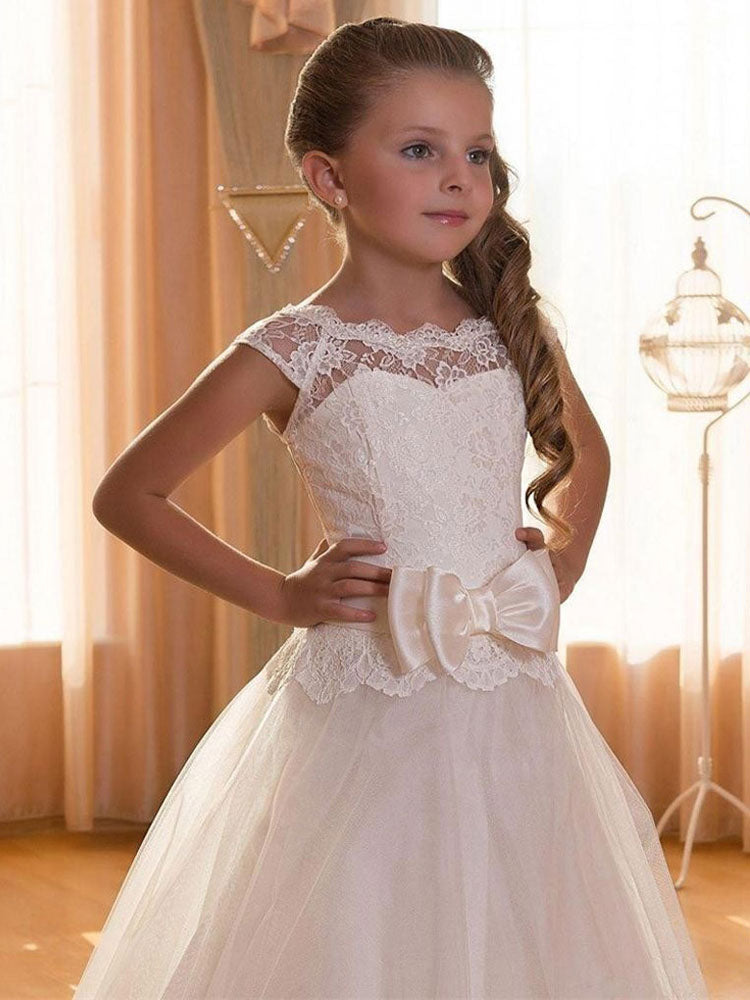 Jewel Neck Tulle Short Sleeves Floor Length Princess Bows Kids Formal Pageant Dresses-showprettydress