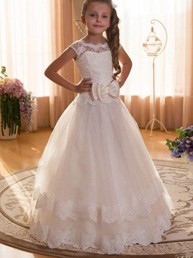 Jewel Neck Tulle Short Sleeves Floor Length Princess Bows Kids Formal Pageant Dresses-showprettydress