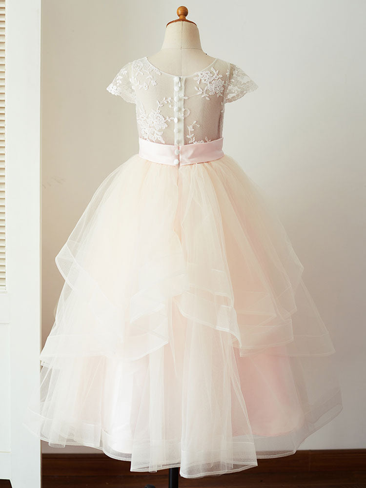 Jewel Neck Tulle Short Sleeves Floor-Length Princess Sash Kids Social Party Dresses-showprettydress