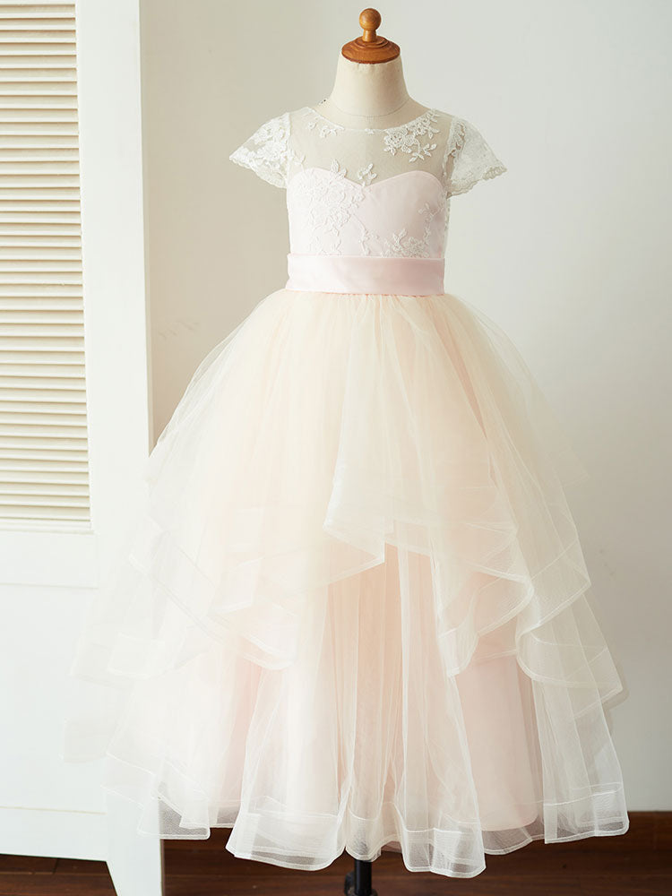 Jewel Neck Tulle Short Sleeves Floor-Length Princess Sash Kids Social Party Dresses-showprettydress