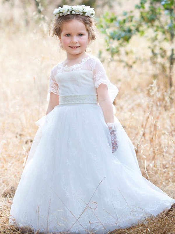 Jewel Neck Tulle Short Sleeves Princess Bows Formal Kids Pageant flower girl dresses-showprettydress