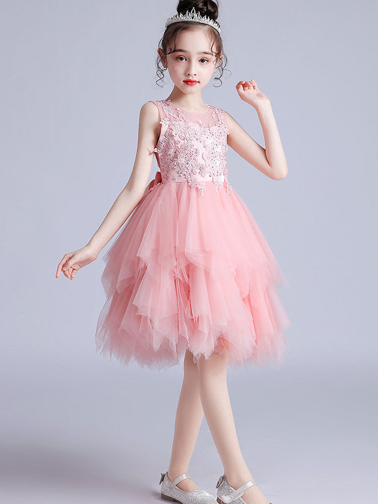 Jewel Neck Tulle Short Sleeves Short Princess Embroidered Kids Social Party Dresses-showprettydress