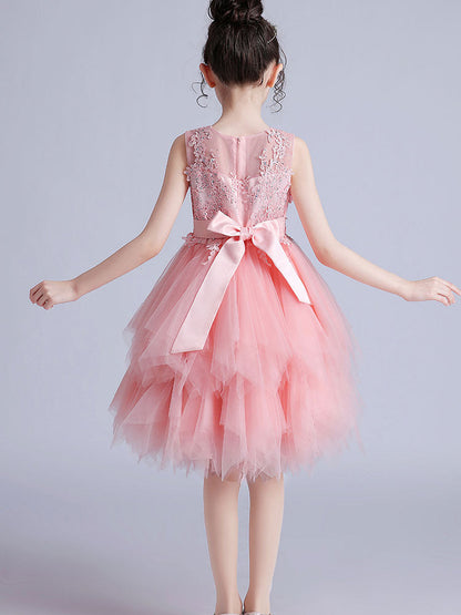 Jewel Neck Tulle Short Sleeves Short Princess Embroidered Kids Social Party Dresses-showprettydress