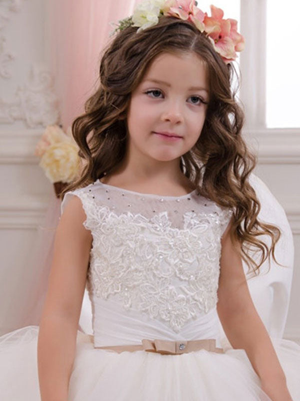 Jewel Neck Tulle Sleeveless Ankle Length Ball Gown Sash Kids Party Dresses-showprettydress