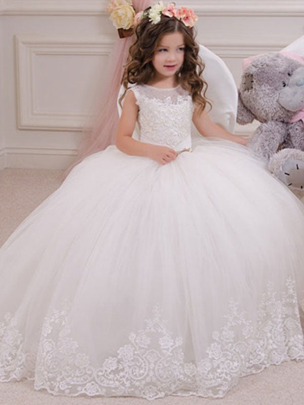 Jewel Neck Tulle Sleeveless Ankle Length Ball Gown Sash Kids Party Dresses-showprettydress