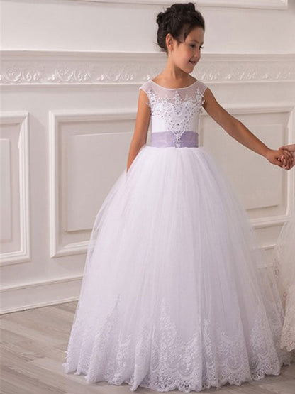 Jewel Neck Tulle Sleeveless Ankle Length Princess Bows Kids Party Dresses-showprettydress