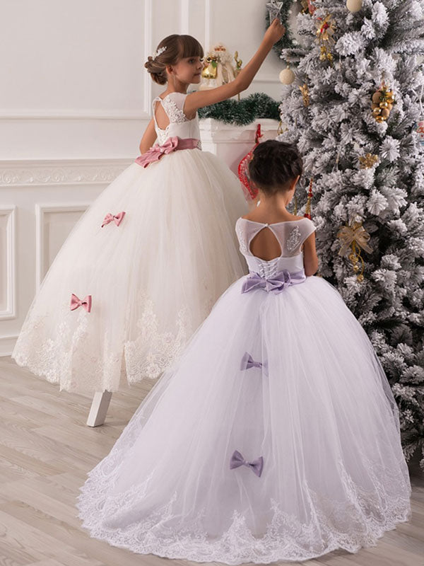 Jewel Neck Tulle Sleeveless Ankle Length Princess Bows Kids Party Dresses-showprettydress