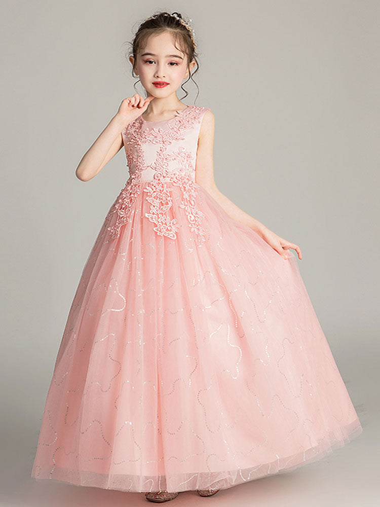 Jewel Neck Tulle Sleeveless Ankle Length Princess Embroidered Kids Party Dresses-showprettydress