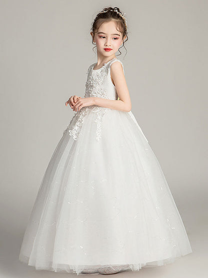 Jewel Neck Tulle Sleeveless Ankle Length Princess Embroidered Kids Party Dresses-showprettydress