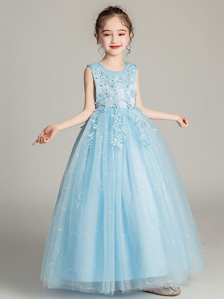 Jewel Neck Tulle Sleeveless Ankle Length Princess Embroidered Kids Party Dresses-showprettydress