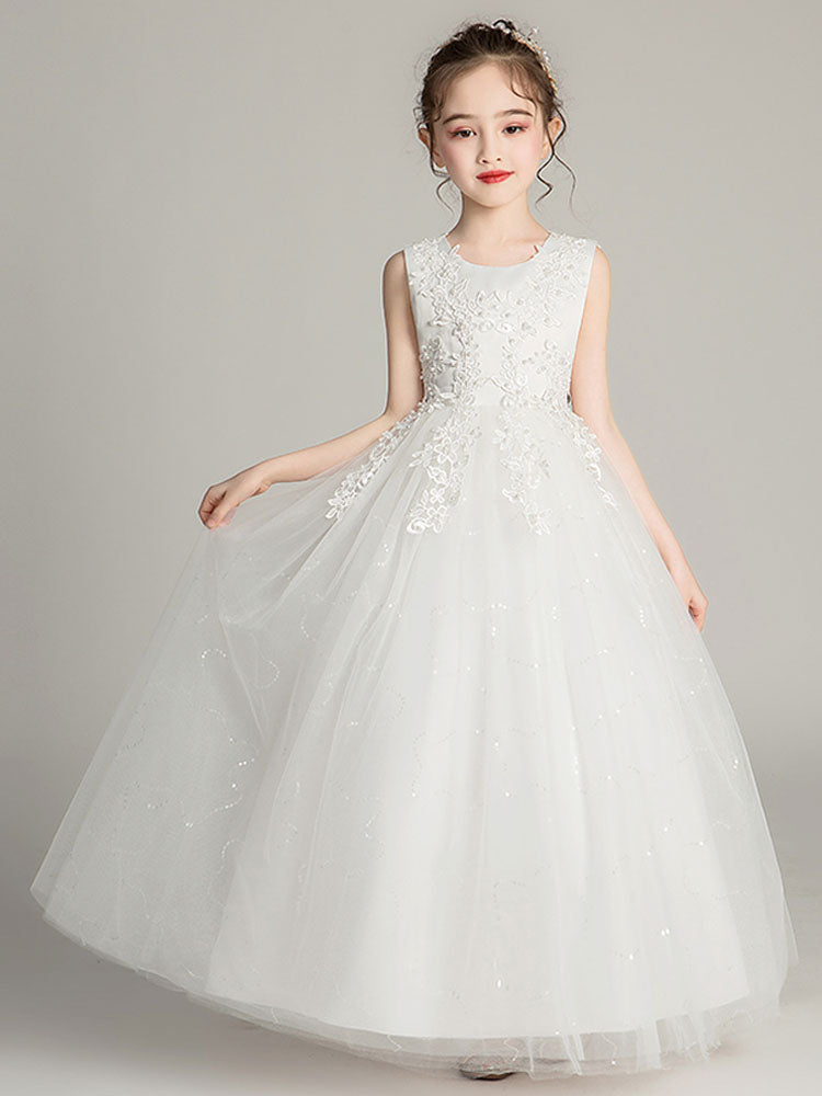 Jewel Neck Tulle Sleeveless Ankle Length Princess Embroidered Kids Party Dresses-showprettydress