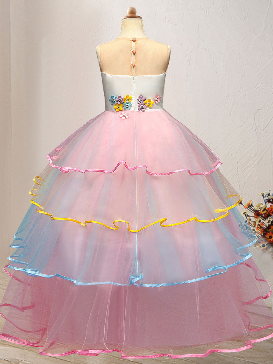 Jewel Neck Tulle Sleeveless Ankle Length Princess Embroidered Kids Social Party Dresses-showprettydress