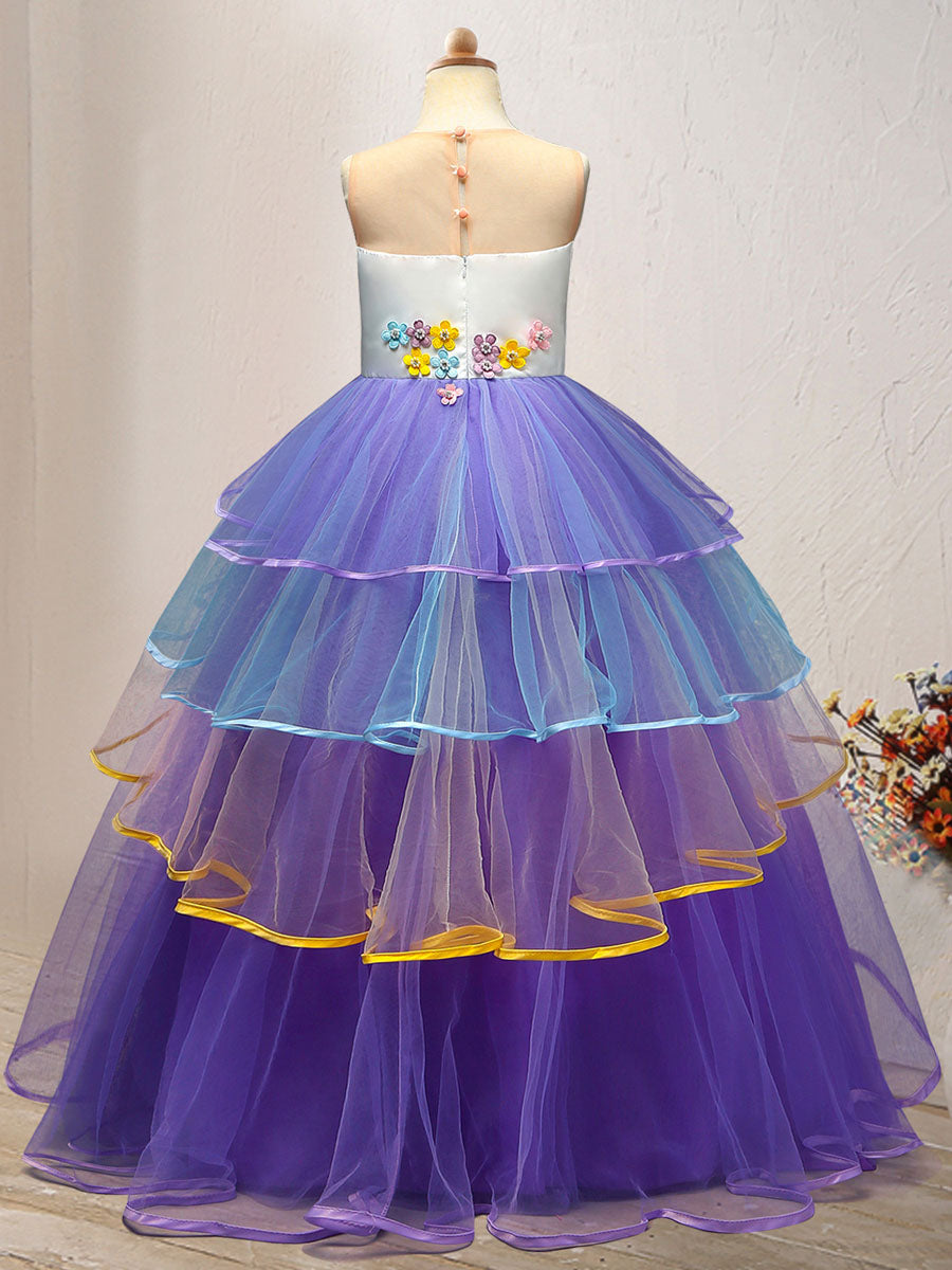 Jewel Neck Tulle Sleeveless Ankle Length Princess Embroidered Kids Social Party Dresses-showprettydress