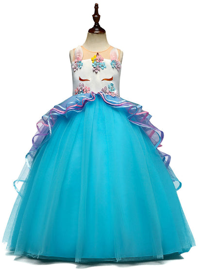 Jewel Neck Tulle Sleeveless Ankle Length Princess Embroidered Kids Social Party Dresses-showprettydress