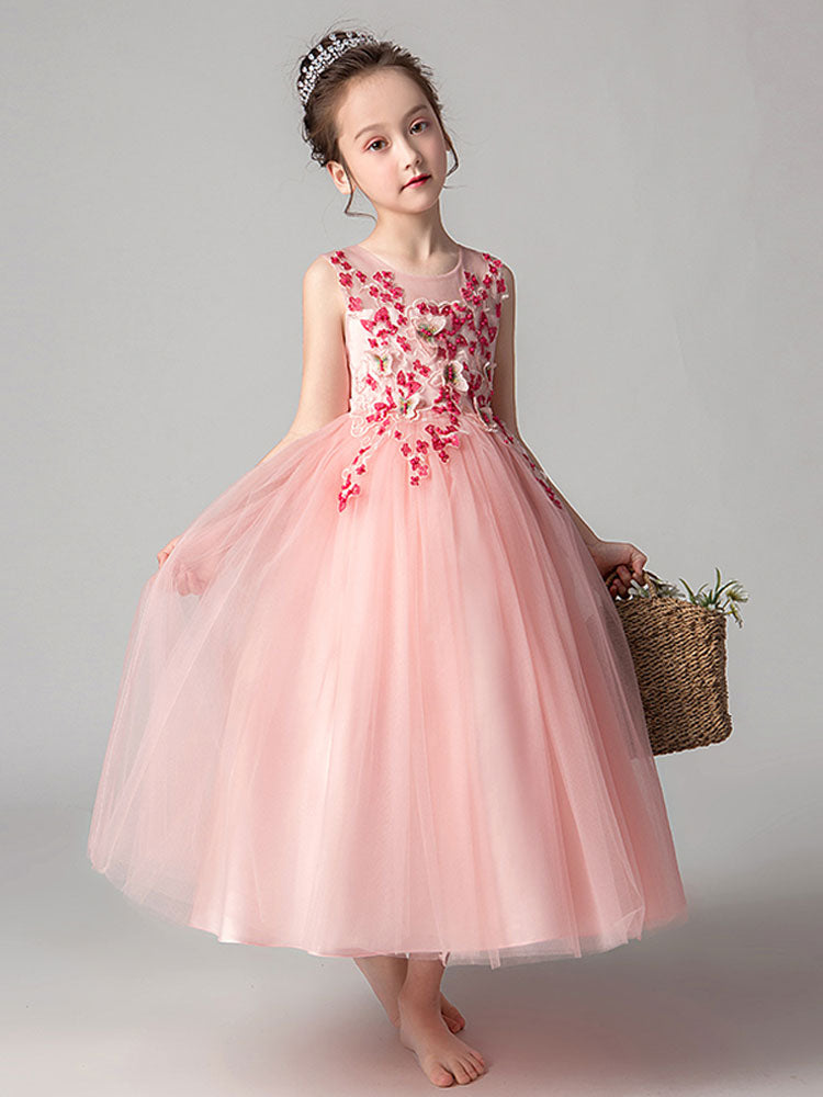 Jewel Neck Tulle Sleeveless Ankle Length Princess Flowers Kids Party Dresses-showprettydress