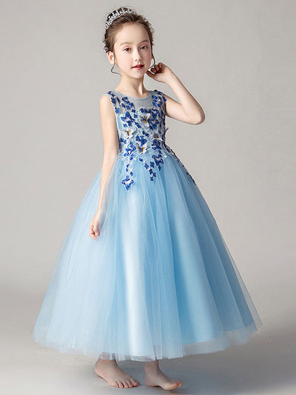 Jewel Neck Tulle Sleeveless Ankle Length Princess Flowers Kids Party Dresses-showprettydress