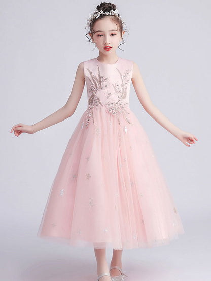 Jewel Neck Tulle Sleeveless Ankle-Length Princess Kids Party Dresses-showprettydress