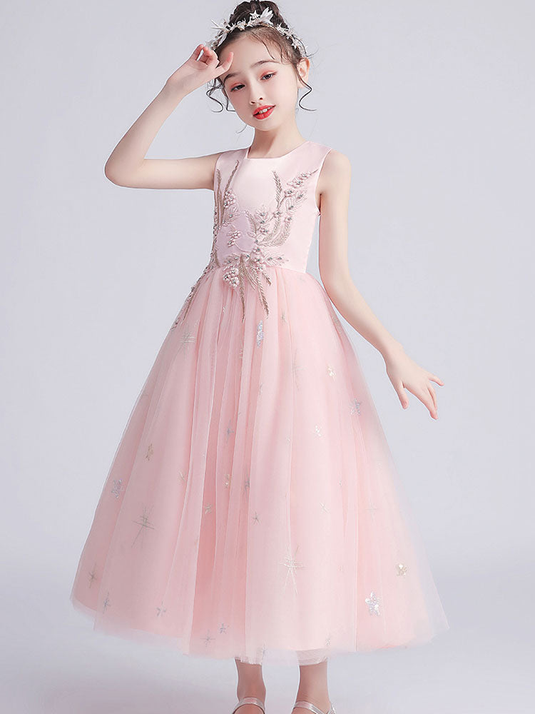 Jewel Neck Tulle Sleeveless Ankle-Length Princess Kids Party Dresses-showprettydress