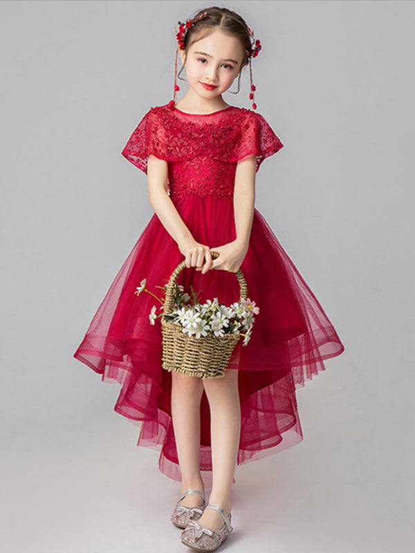 Jewel Neck Tulle Sleeveless Asymmetrical Princess Embroidered Kids Party Dresses-showprettydress