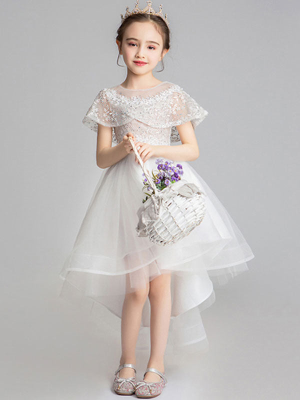 Jewel Neck Tulle Sleeveless Asymmetrical Princess Embroidered Kids Party Dresses-showprettydress