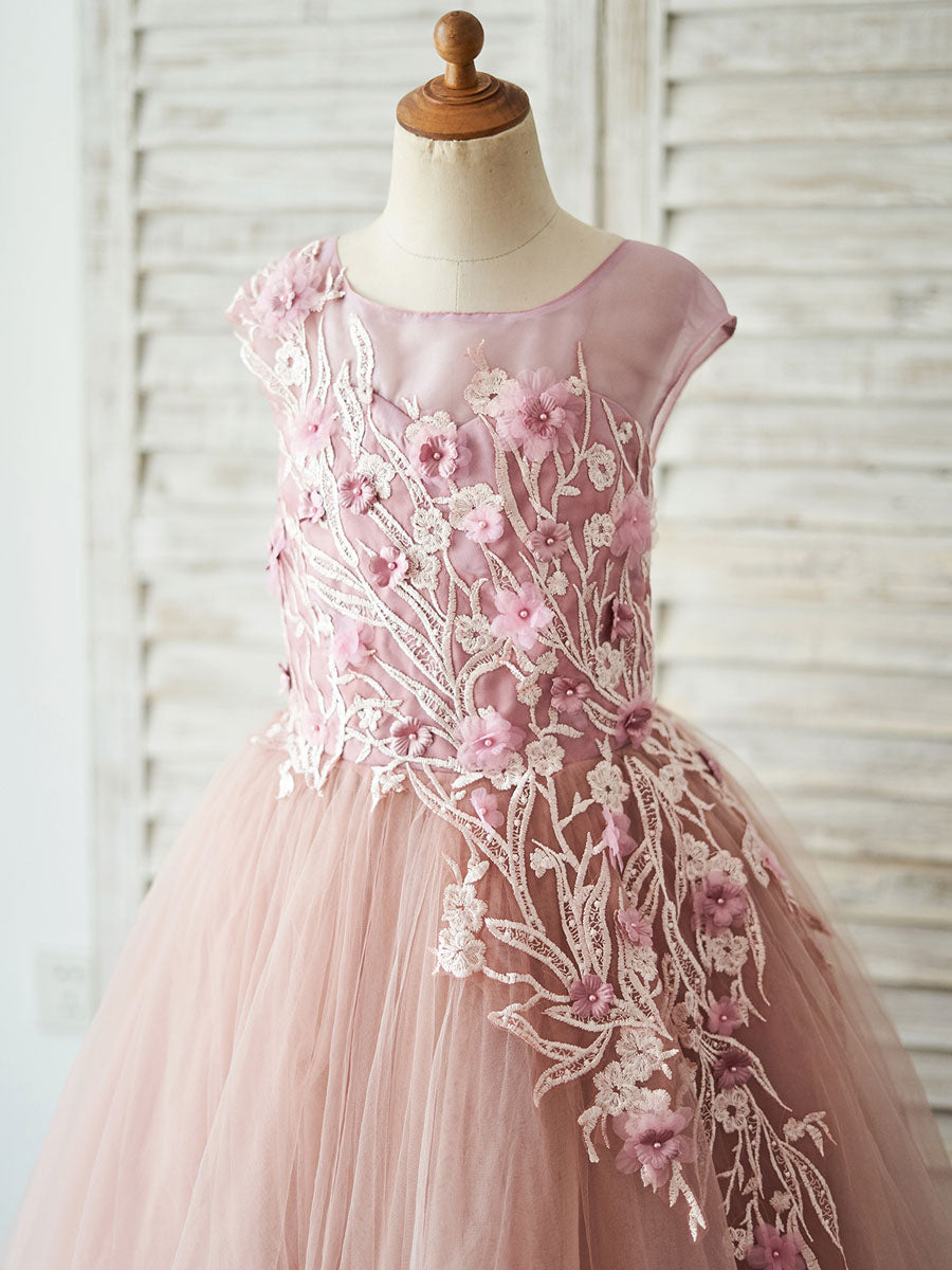 Jewel Neck Tulle Sleeveless Floor-Length Princess Beaded Kids Party Dresses-showprettydress