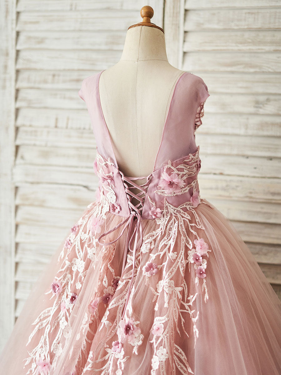 Jewel Neck Tulle Sleeveless Floor-Length Princess Beaded Kids Party Dresses-showprettydress