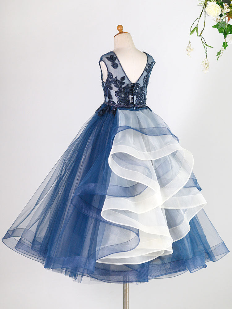 Jewel Neck Tulle Sleeveless Floor Length Princess Lace Kids Social Party Dresses-showprettydress