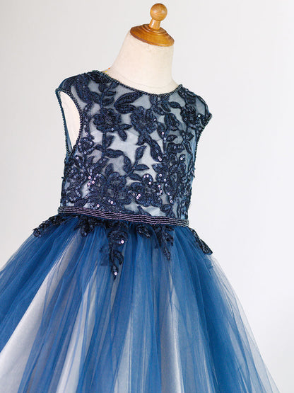 Jewel Neck Tulle Sleeveless Floor Length Princess Lace Kids Social Party Dresses-showprettydress