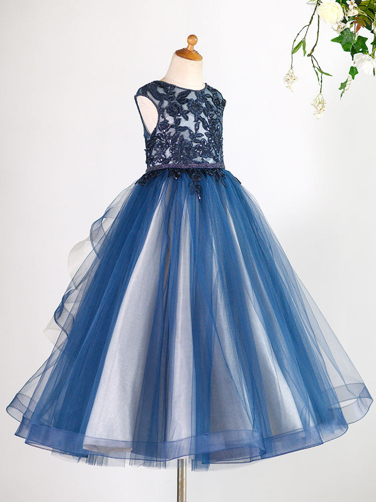 Jewel Neck Tulle Sleeveless Floor Length Princess Lace Kids Social Party Dresses-showprettydress