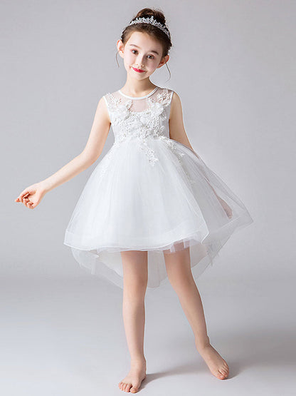 Jewel Neck Tulle Sleeveless Princess High Low Short Embroidered Kids Social Party Dresses-showprettydress