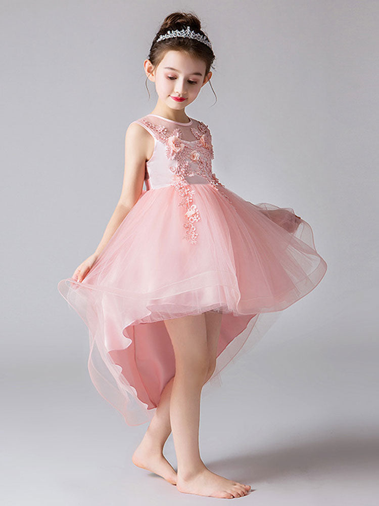 Jewel Neck Tulle Sleeveless Princess High Low Short Embroidered Kids Social Party Dresses-showprettydress