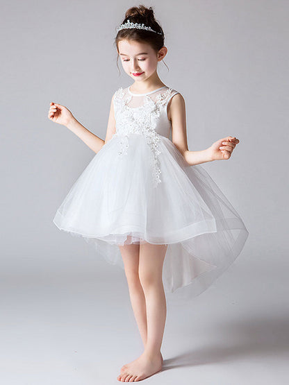 Jewel Neck Tulle Sleeveless Princess High Low Short Embroidered Kids Social Party Dresses-showprettydress