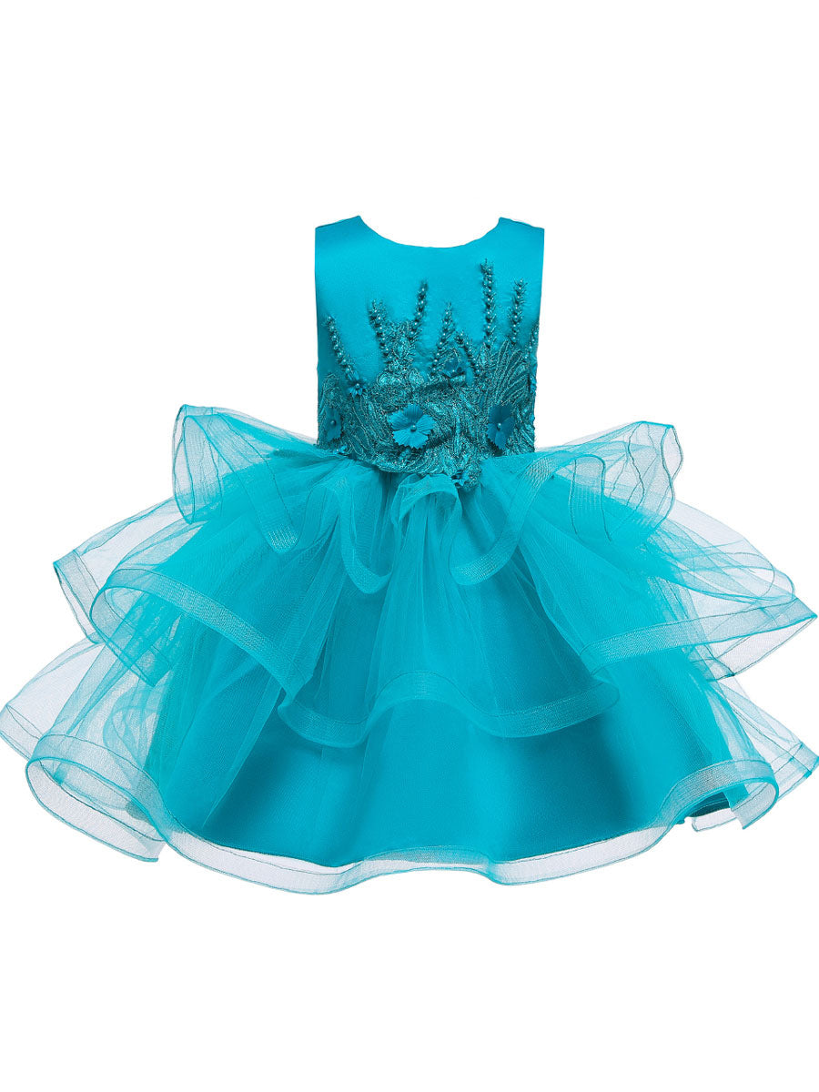 Jewel Neck Tulle Sleeveless Short Princess Beaded Kids Party Dresses-showprettydress